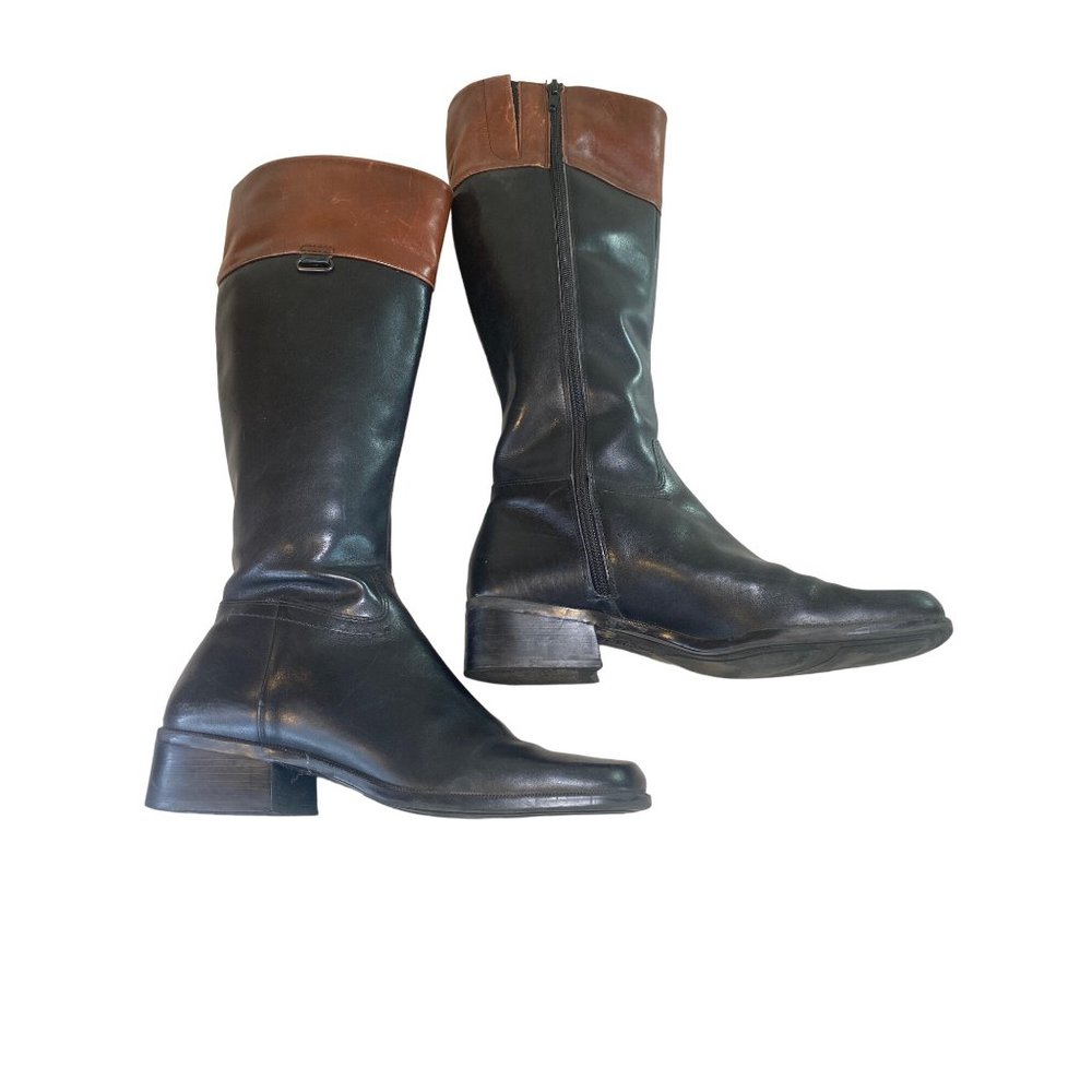 Enzo Angiolini W 9.5 Leather Black Brown Knee High Riding Boots Square Toes - Picture 5 of 12